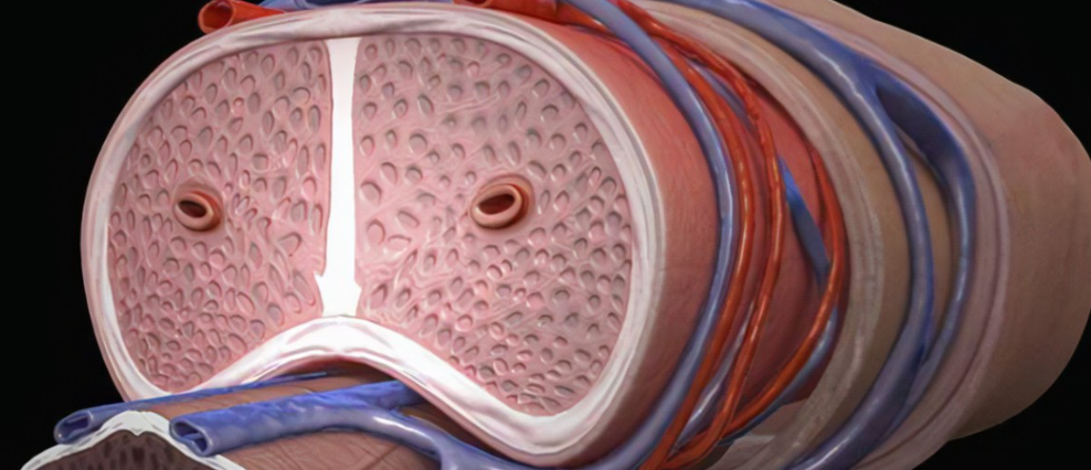 阴茎内部由3根平行的长柱形海绵体组成,背侧并排的两根为阴茎海绵体