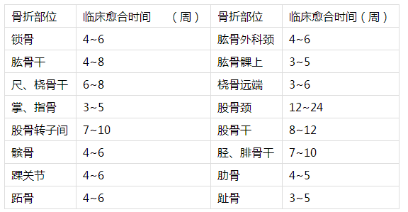 成人常见骨折临床愈合时间参考表骨折的愈合则与其部位有关(前提条件